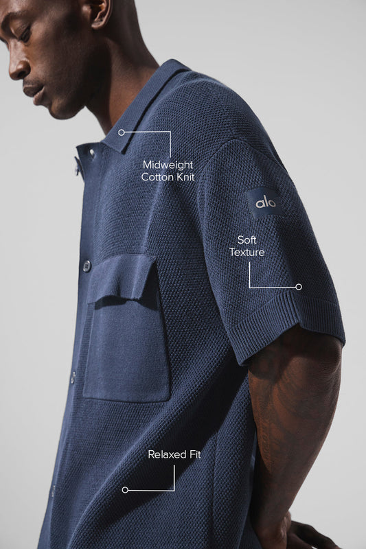 Sports Club Sweater Knit Short Sleeve Button Up - Navy
