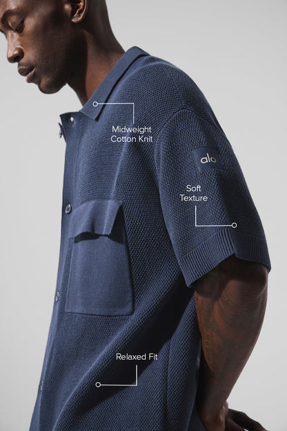 Sports Club Sweater Knit Short Sleeve Button Up - Navy