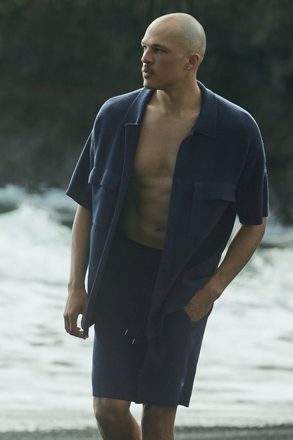Sports Club Sweater Knit Short Sleeve Button Up - Navy