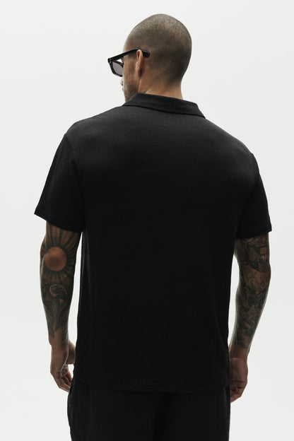 Linen Jersey Coastal Short Sleeve Polo - Black