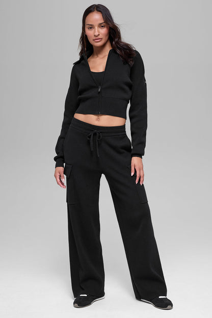 Scholar Knit Cropped Full Zip Jacket - Black